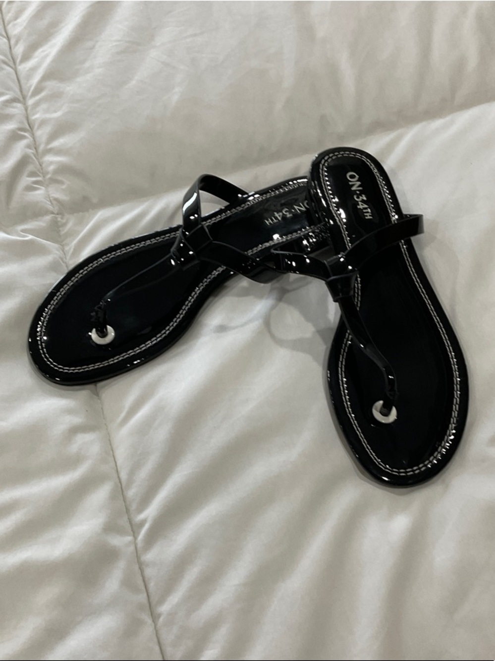 ON 34TH Black Patent Thong Sandals with Glossy Finish